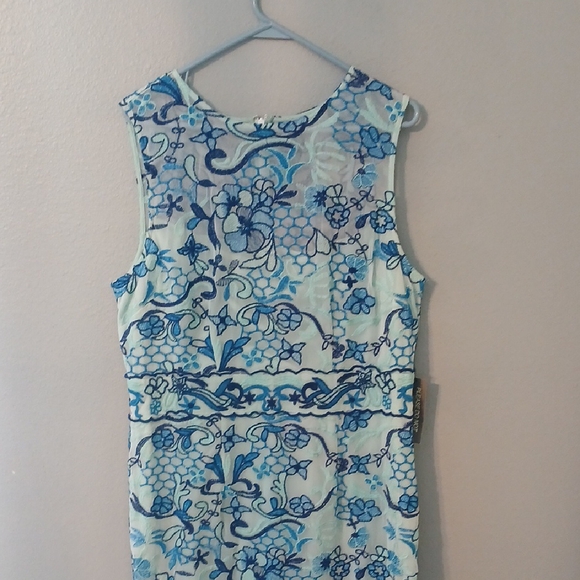 Eva Mendes for New York & Company Elegant Blue Patterned Midi Dress - Picture 2 of 6